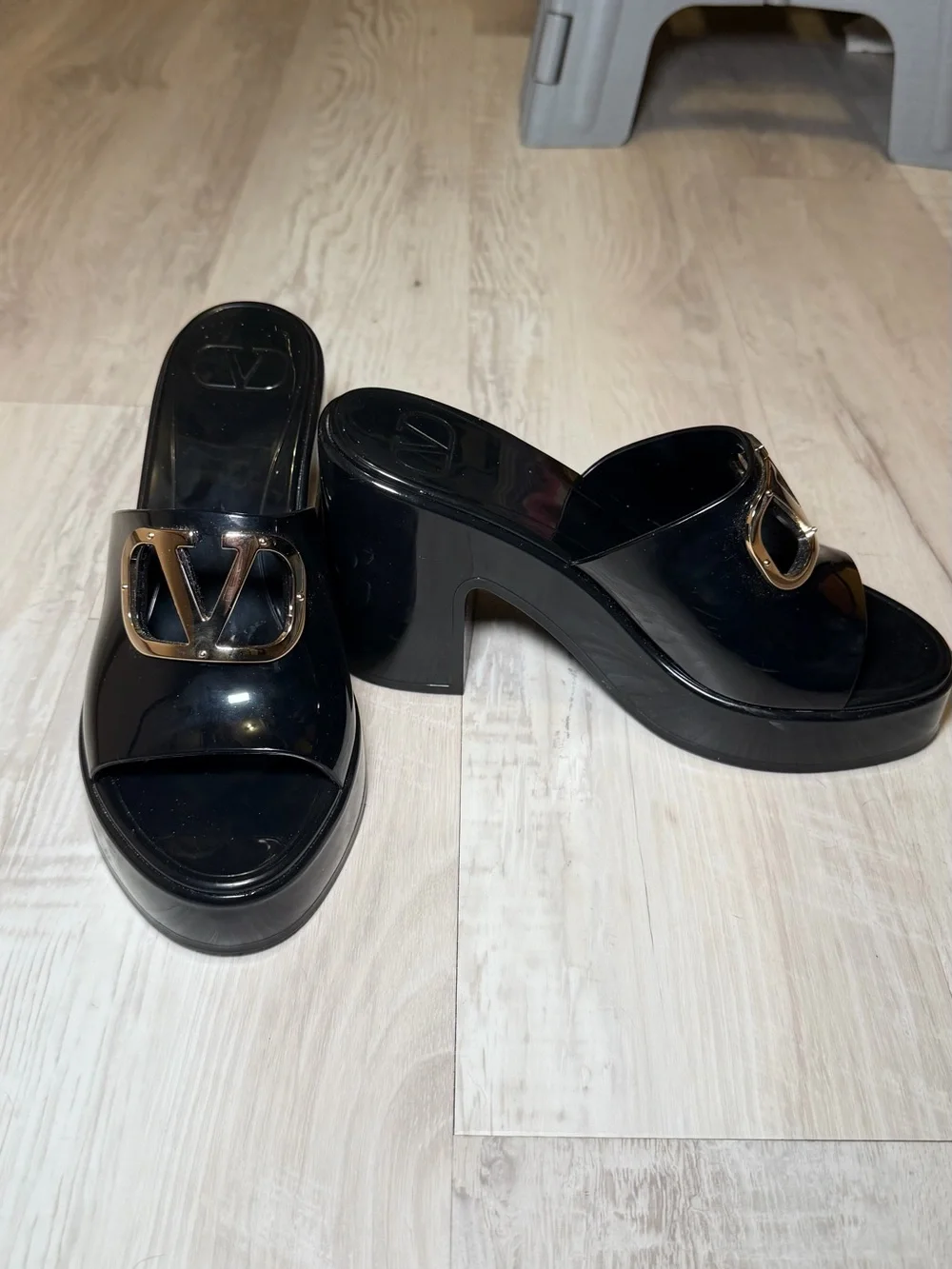 Valentino Black Patent Rubber Platform Slide Wedges with Gold Logo